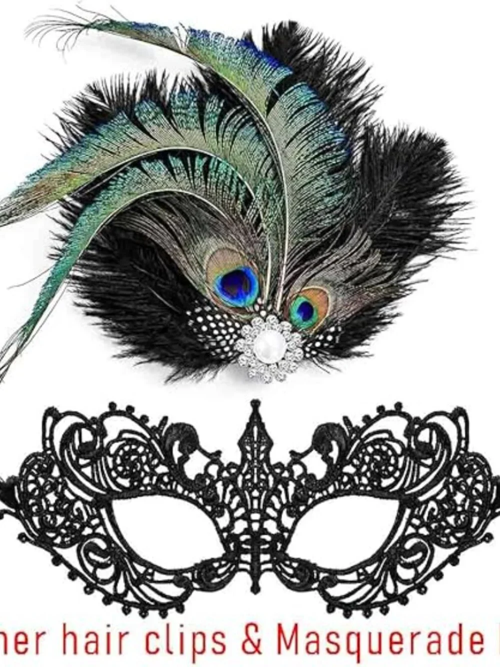 1920s Black Feather Flapper Fascinator Headpiece with Lace Masquerade Mask